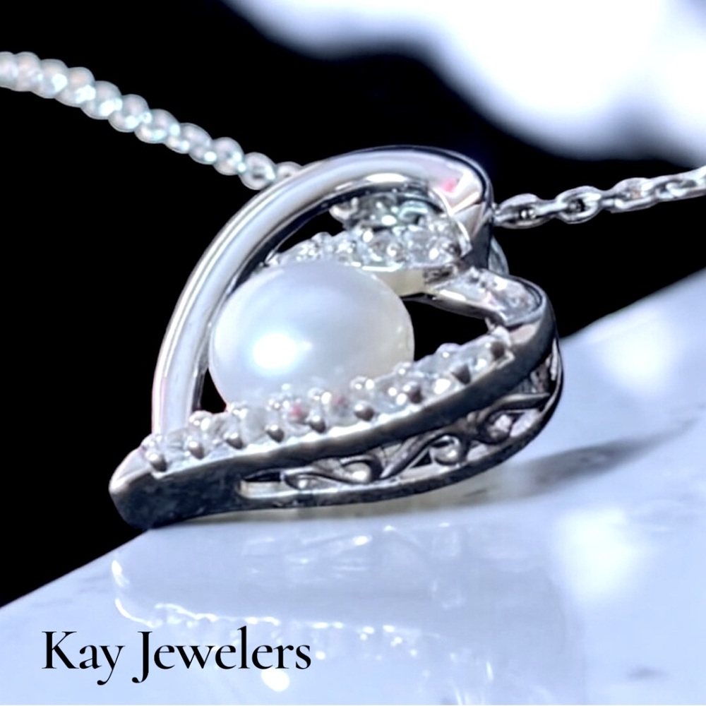 Pearl & White Sapphire Heart shape Stamped 925 Silver Necklace - Picture 4 of 4